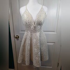 Windsor Ivory Lace Fit & Flare Dress Open Back Deep V Medium
